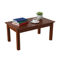 A wooden table with books, a cup of coffee, and a plant on transparent background