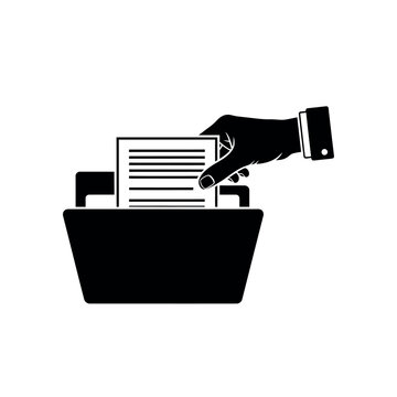Hand putting document into a file folder icon.