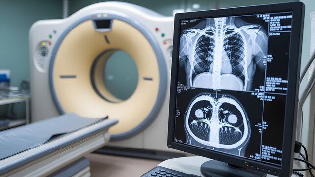 Medical CT scan images on computer monitor in hospital radiology department