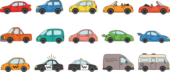 Cartoon Car Vehicle Vector Set with Sedan, SUV, Taxi, Police Car, Pickup Truck, Van, and Convertible Automobile Illustration Collection © MstMukta