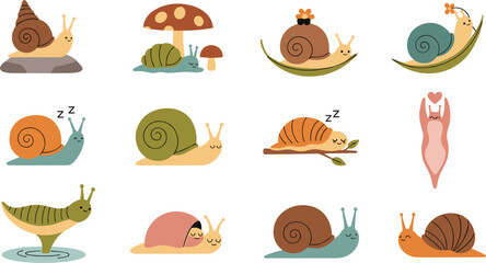 Cute snail cartoon characters collection with mushrooms and leaves, adorable garden mollusk vector illustration set for kids nature design © MD SOJIB 