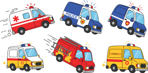 Cartoon emergency vehicles collection including ambulance police cars fire truck and rescue van with sirens flat vector illustration set isolated © MstMukta