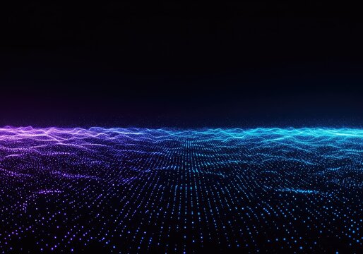 Dynamic abstract digital backdrop showing seamless movement of blue and purple light particles across a dark field, signifying data flow and technological power, glow, electric, speed