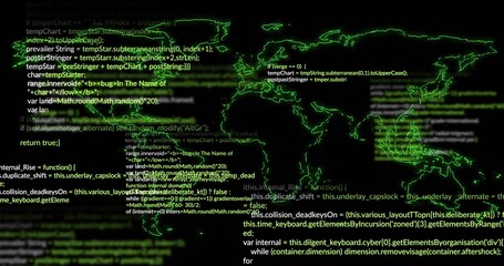 Obraz premium Displaying neon-green map with glowing coastlines pulsing over dark virtual grid, showing code