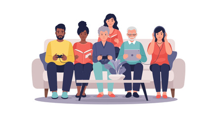 Fototapeta premium Diverse Generations on Sofa Enjoying Leisure: Gaming, Reading, Music, Tablet Use. Family Togetherness & Digital Life