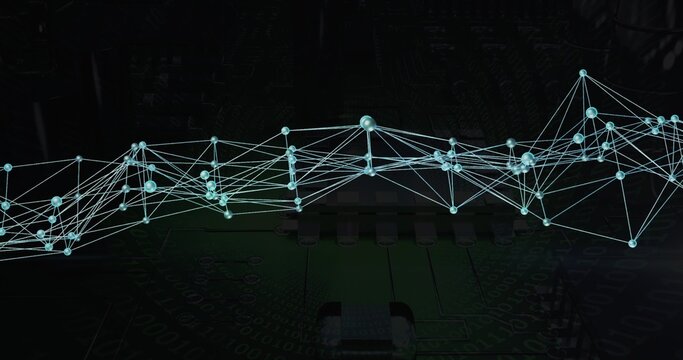 Displaying glowing cyan nodes and connecting lines flowing across PCB at center, with microchip