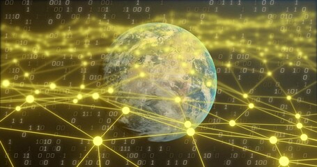 Fototapeta premium Featuring Earth globe showing land and clouds in orbit, with golden nodes and binary digits