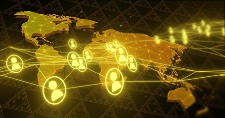 Naklejka premium Connecting networked map display showing glowing user icons and arcs over 3D grid, light flares