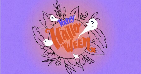 Obraz premium Showing orange Halloween badge, blue Happy on purple, white ghosts, black leaves, orange creature