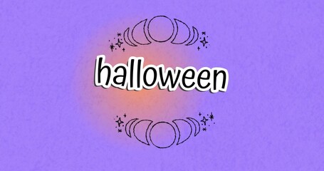 Obraz premium Showing 'halloween' word glowing on purple texture, with white outline, orange halo, moon doodles