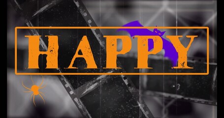 Displaying distressed HAPPY centered in orange border in poster with purple bat, spider, film-strip