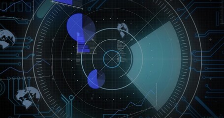 Fototapeta premium Scanning central radar overlay showing teal sweep in HUD, rings, crosshair, blips, globe icons