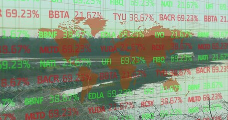 Naklejka premium Live market feed updating, financial overlay pulsing across wetland, showing world map and tickers