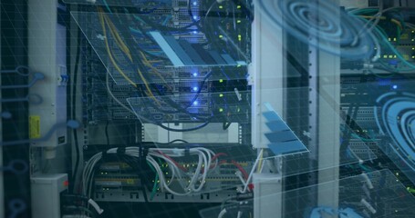 Displaying populated network rack with stacked switches, bundled cables in data center, LED lights © vectorfusionart