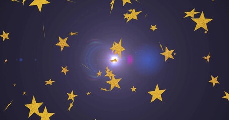 Naklejka premium Glittering gold stars swirling around bright central flare in deep violet gradient, showing trails