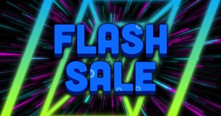 Glowing centered 3D blue FLASH SALE letters pulsing on futuristic neon banner, with radial streaks