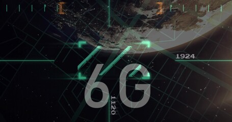 Fototapeta premium Projecting large translucent 6G element in space HUD, showing neon teal grid, partial planet