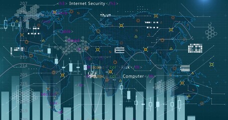 Visualizing world map tracing global links on dark teal grid, showing candlesticks, bars, nodes