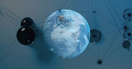 Fototapeta premium Floating glowing 3D Earth globe orbiting tension cables in virtual gallery, with twin-disc housings