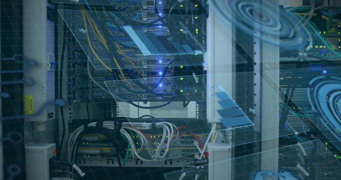 Displaying populated network rack with stacked switches, bundled cables in data center, LED lights