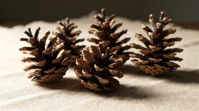 Pine cones on rustic cloth.