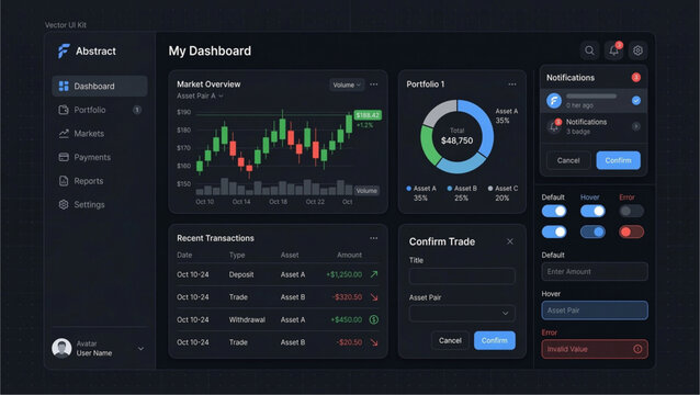 Vector dashboard UI template with charts and graphs