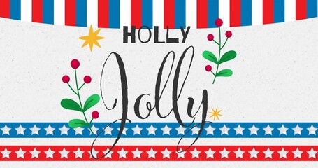 Naklejka premium Featuring central Jolly brush and caps HOLLY on speckled gray paper with holly sprigs and stars