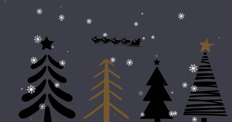 Displaying five stylized trees with star toppers on slate-gray field, with snowflakes, Santa sleigh
