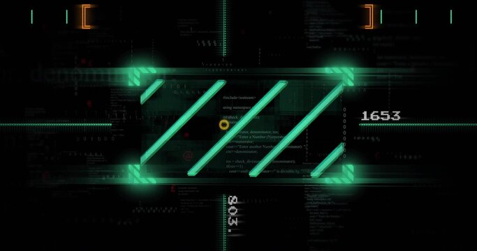 Scanning teal glowing frame pulsing three diagonal bars in HUD, showing target marker 1653,8031