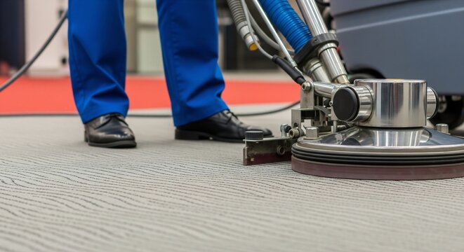 Professional Cleaning Service in Action: Worker Operating Industrial Carpet Cleaner to Maintain Commercial Facility Floors