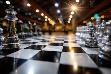 Reflective Chess Pieces On Polished Board Dramatic Lighting