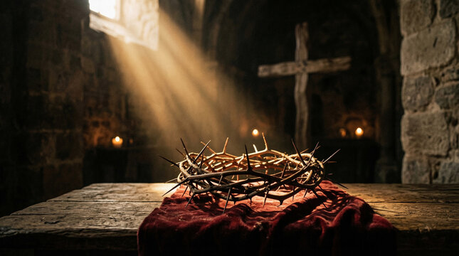 A crown of thorns illuminated by a divine golden ray of light in the dark interior of a sacred Gothic church on weathered wood - a symbol of Christian sacrifice, pain and atonement