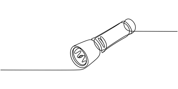 One continuous line drawing of flashlight poster vector illustration. Pro vector, flashlight drawing one continuous line vector, One line drawing of flashlight. Equipment for camping minimalist design