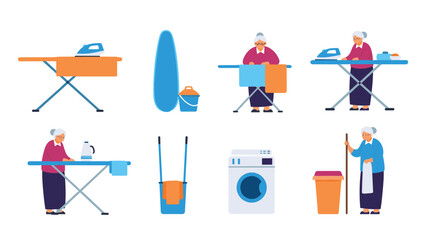 Fototapeta premium Senior woman character kit performing various domestic chores like ironing, washing, and sweeping in a flat vector style.