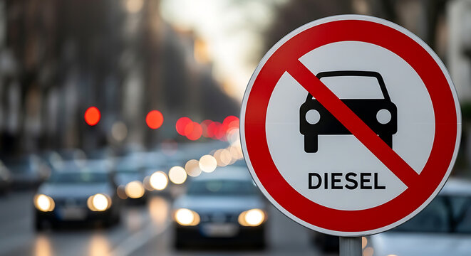 Vehicles drive past a road sign banning diesel cars on city street