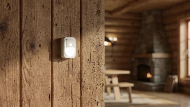 Medium shot highlighting a cabin wallmounted occupancy sensor with the sensor crisp and the rustic cabin interior gently blurred in the background.