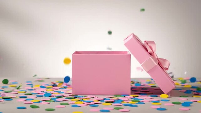 Pink gift box with confetti.