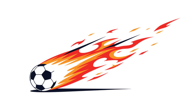 Dynamic illustration of a soccer ball traveling at high speed with a trail of orange and red flames against a white background.