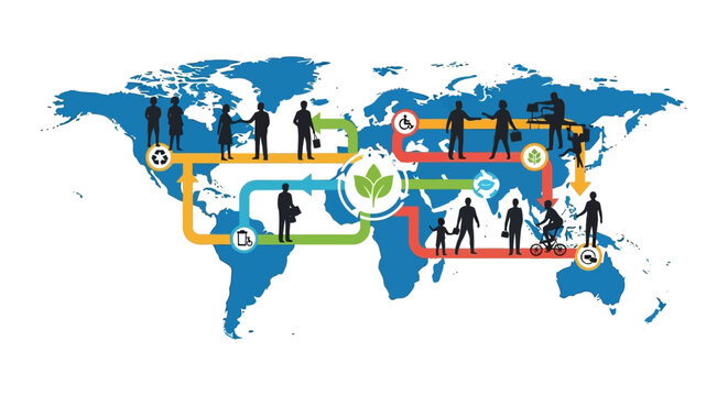 Global Sustainability & Social Responsibility: Diverse People Connected in a Circular Economy Network on World Map