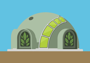 A modern bioplastic dome shelter illustration.  Green and gray tones, featuring windows and natural leaf accents.  Ideal for nature, sustainability, and eco-friendly design concepts. © Vector Factory