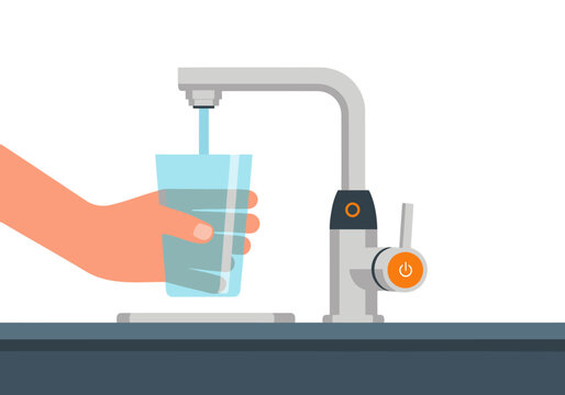 A modern smart water faucet dispenses water into a glass. A hand reaches for the water. Clean, bright, and inviting design. Ideal for health, wellness, and technology visuals.
