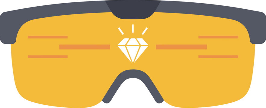 Stylish safety glasses showcase a scratch-resistant lens with a sparkling diamond. Modern graphic design, vibrant teal and gray, ideal for tech or safety product promotion.