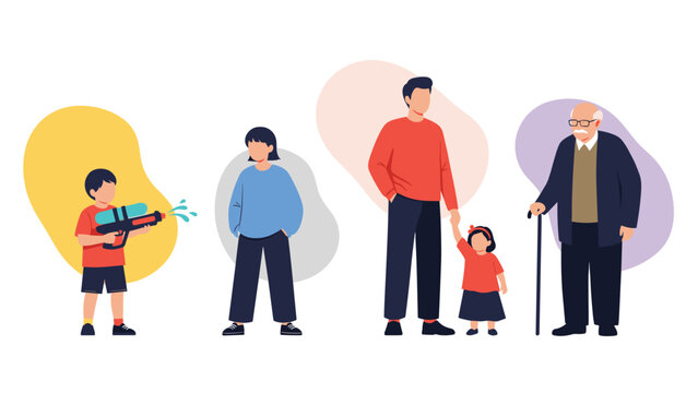 Illustration showcasing the stages of life with characters ranging from a young child playing with water to an elderly man.