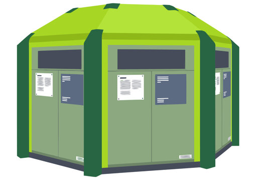 A vibrant, sustainable modular disaster shelter stands out with its green hue and modern design. It features informational panels and a clear, professional composition.