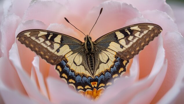 Perching swallowtail butterfly spreading wings inside pale pink rose, with dew droplets on petals