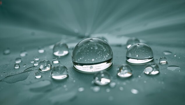 Showing large central water droplet resting on smooth green leaf with bubbles, highlights, bokeh