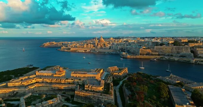 Aerial view of Manoel island near Valletta at sunset. Mediterranean sea, Malta island