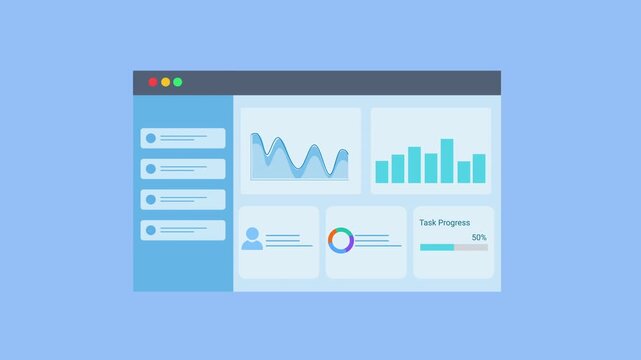 Animated flat dashboard interface displaying charts, graphs, and data panels inside a browser window. Concept of data analytics, business reporting, statistics monitoring, and digital technology visua