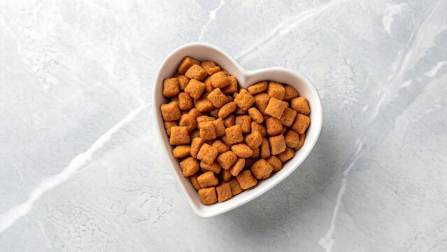 A heart-shaped bowl filled with dog food on a marble surface