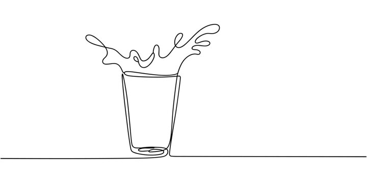Single continuous line drawing milk pouring into glass creating splashes. Splashing milk in a glass. Milk splash in a glass. Dairy poured into glass. One line draw design graphic vector illustration